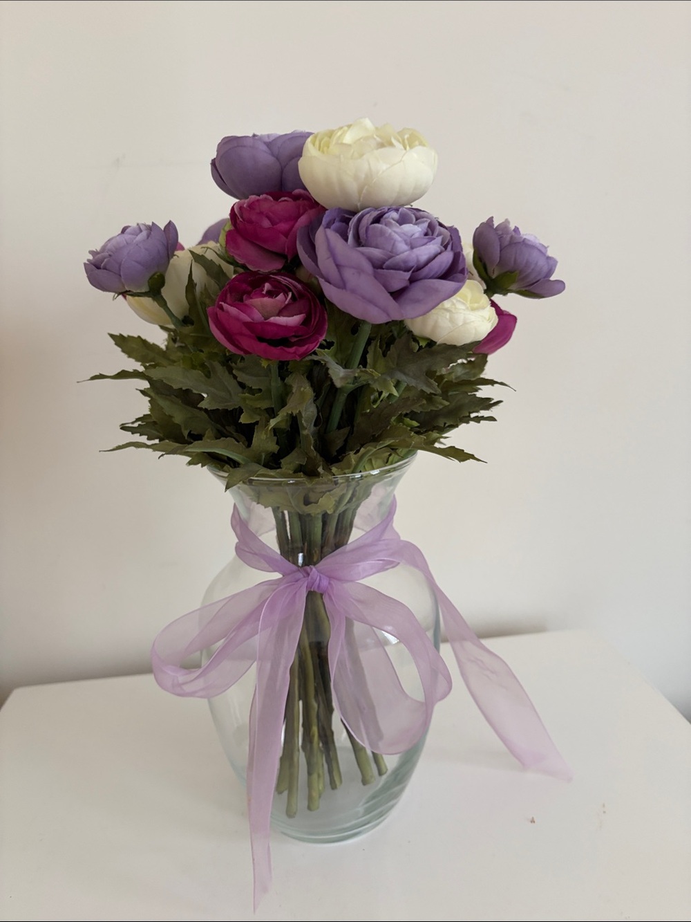Artificial Ranunculus Bouquet in Purple, Pink and White - Clear Glass Vase